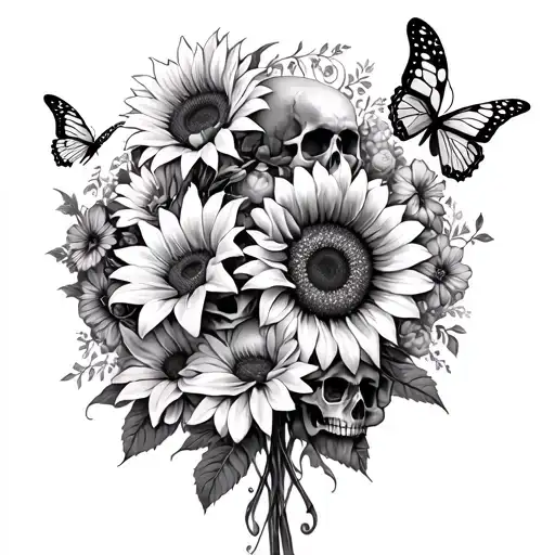 A bouquet of sunflowers, lilies, and roses intertwined with skulls and butterflies, symbolizing the beauty and fragility of life tattoo design idea