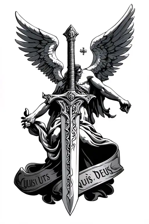 st Michael archangel sword with quis ut deus tattoo design idea