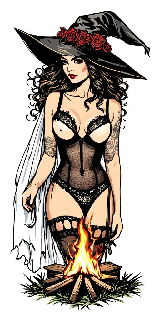 silhouette of busty sexy witch bride in lingerie over a campsite with a trailer and campfire tattoo design idea