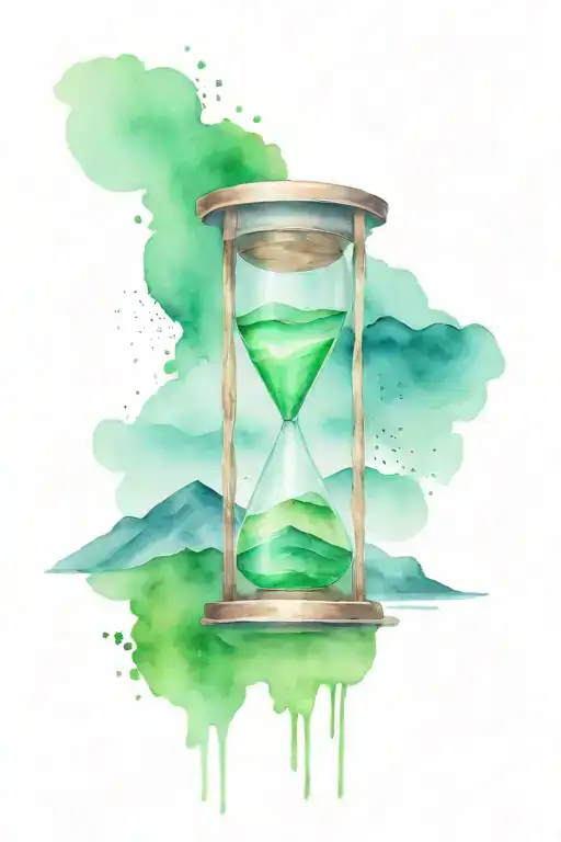 Hour glass with desert sand transforming into waterfall and green mountains tattoo design idea