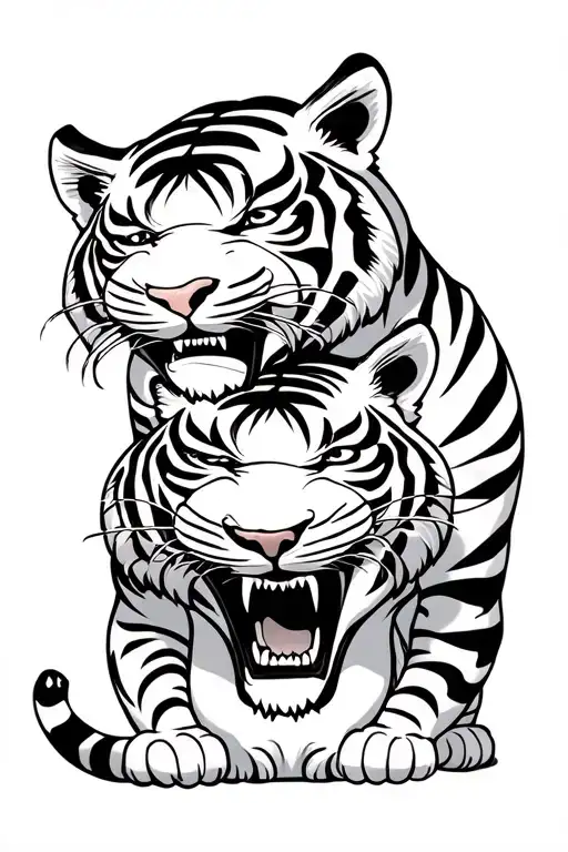 black and white tigers face down a bum cheek each with paws holding the bum. one with a happy face and one with growling tattoo design idea