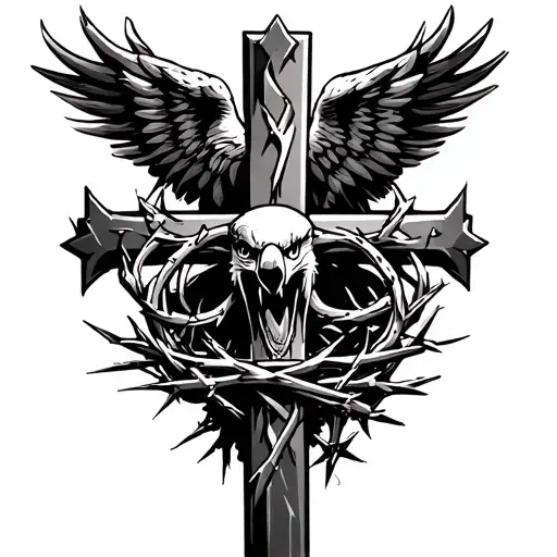 3 nails forming Christian  cross with crown of thorns and eagle tattoo design idea
