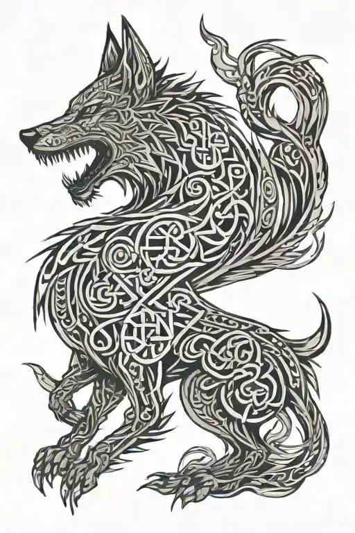 angry fenrir with runes wrapping, nordic tattoo design idea
