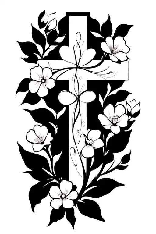 christian cross wrapped in flower vine tattoo design idea