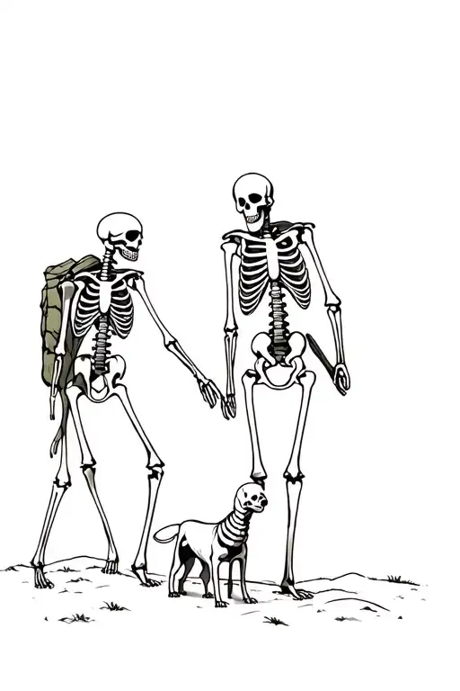 2 hiking skeletons with dog tattoo design idea