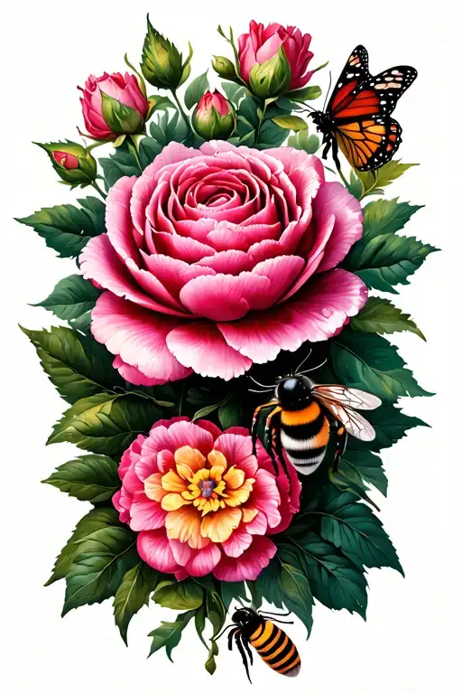 peony and rose with butterfly, bumble bee, and spider tattoo design idea