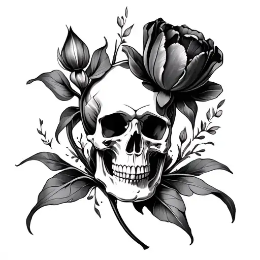 gothic tulip and skull tattoo covering back of hand, dark realism, fine line bone detailing, tulip blooming from skull  tattoo design idea
