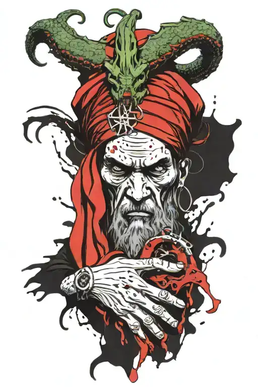 cthulhu holding bloody head of an arab man with a turban tattoo design idea