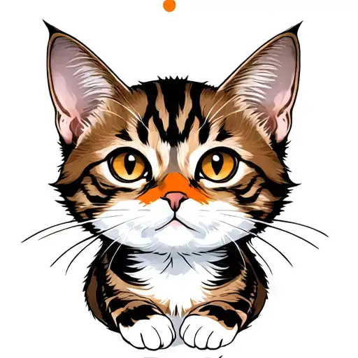 skinny female brown tabby cat, short hair, white hair on belly and chest, orange spot on head, white paws, black stripes tattoo design idea