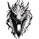 black and white dragon breathing fire front face tattoo design idea