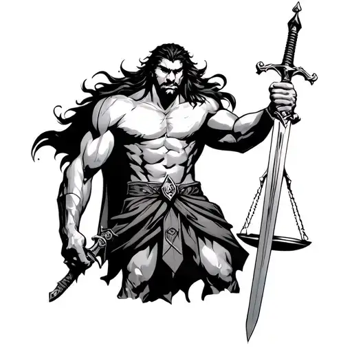 musclular angry illyrian warrior holding a sword in his one hand and a libra on the other hand. water must show tattoo design idea