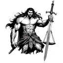 musclular angry illyrian warrior holding a sword in his one hand and a libra on the other hand. water must show tattoo design idea