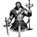 musclular angry illyrian warrior holding a sword in his one hand and a libra on the other hand. water must show tattoo design idea