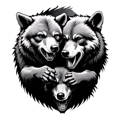 bear fight wolfs to defend bear cub  tattoo design idea