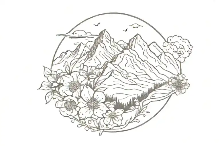 simple mountain range with flowers underneath that are the birth flowers for May, September and November tattoo design idea