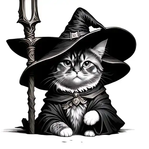 cat wizard with a staff, realistic wizard hat, robe and staff, Ghibli style tattoo design idea