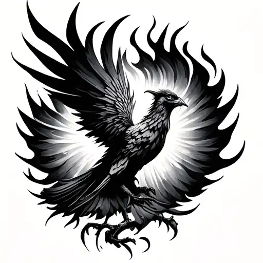 minimal black and white aggressive fire Phoenix and small dandelion in it  for tattoo tattoo design idea