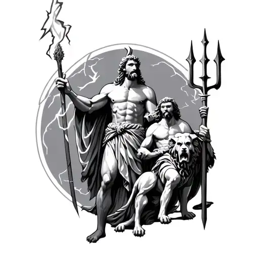 Zeus holding a lightning bolt, Poseidon with trident, hades with Cerberus  tattoo design idea
