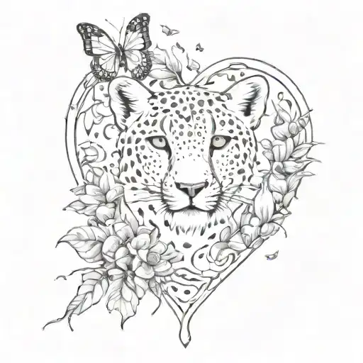 A tattoo design of a cheetah print heart with butterflies and crystals floating around it tattoo design idea