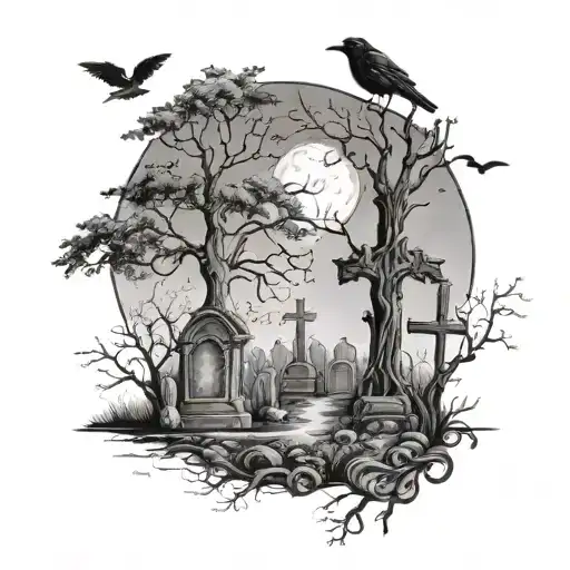cemetery with crosses with tree and moon and ravens tattoo design idea