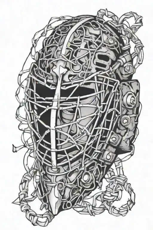 hockey goalie mask wrapped in barbed wire wrapped tattoo design idea