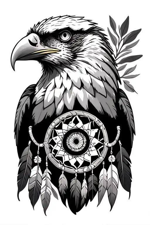 at the top of the arm there’s an eagle head, then right below that feathers with a dream catcher and an eye tattoo design idea