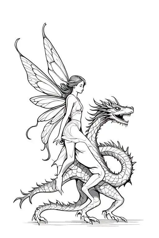 a fairy riding on the back of a dragon, with a subtle technological element incorporated tattoo design idea