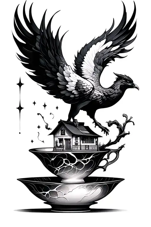 A fine-line tattoo of a rising phoenix above a kintsugi teacup, with subtle stars, a fading house tattoo design idea
