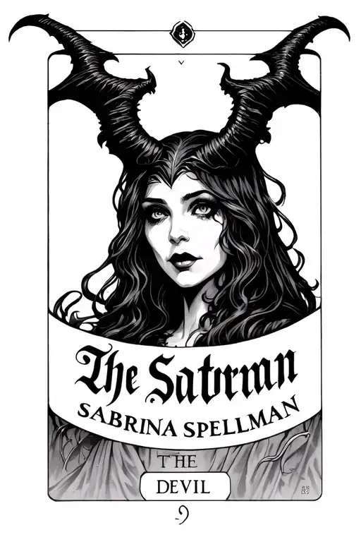 a tarot card with "satan sabrina spellman" inside and for the bottom it says "the devil" not need to be too detail.  tattoo design idea