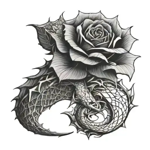 The dragon wraps around the stems of the rose tattoo design idea