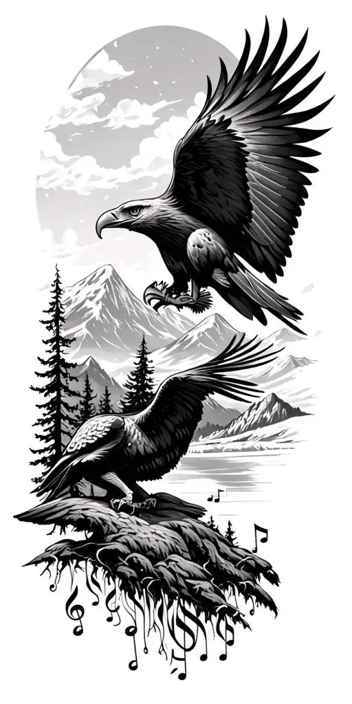 eagle, trees, mountains,music notes tattoo design idea