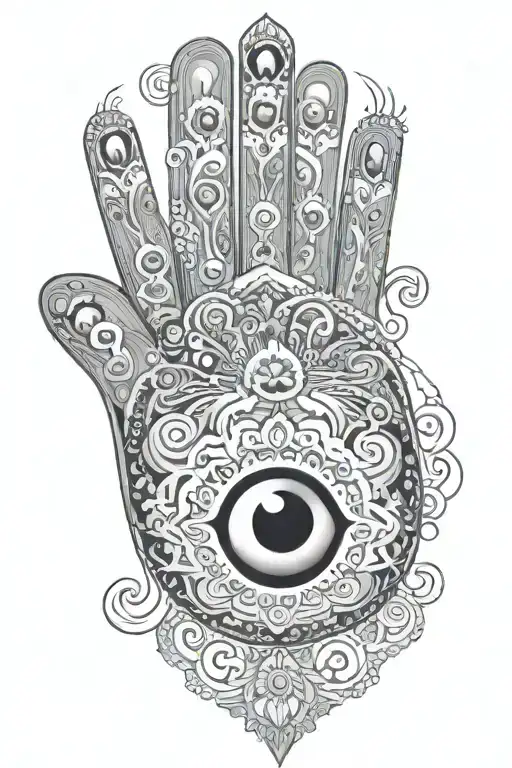 hamsa hand with eye in palm and in each finger: thumb-earth, index-fire, middle-water, ring-air, pinky-ethereal tattoo design idea