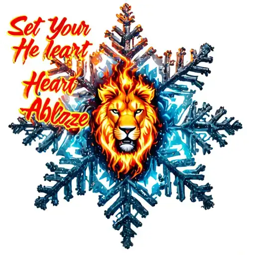 "Set Your Heart Ablaze" snowflake with fire lion in the middle It tattoo design idea