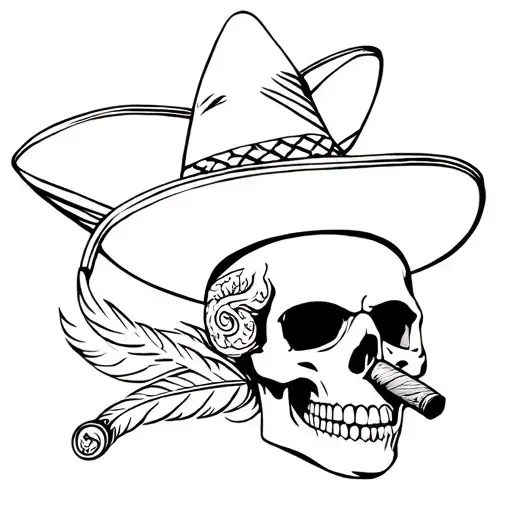 skull wearing sombrero smoking cigar with feathered serpent tattoo design idea