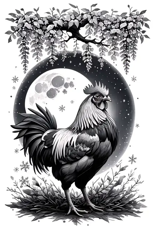 A rooster, snowflakes, moon, and a wisteria tree surrounded tattoo design idea