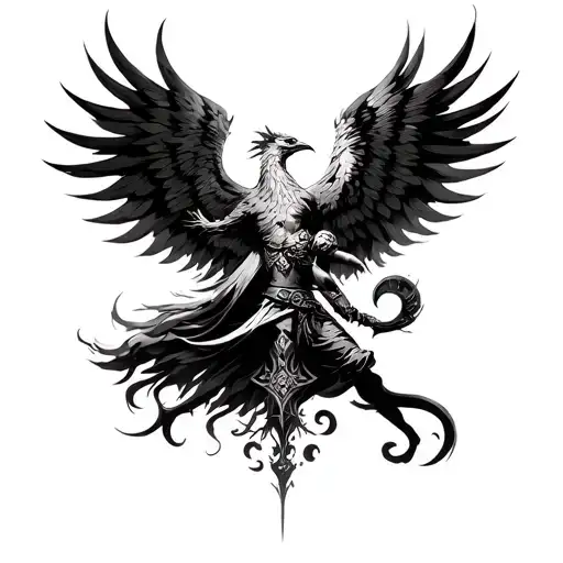 phoenix overlooking warrior battling 7 deadly sins tattoo design idea