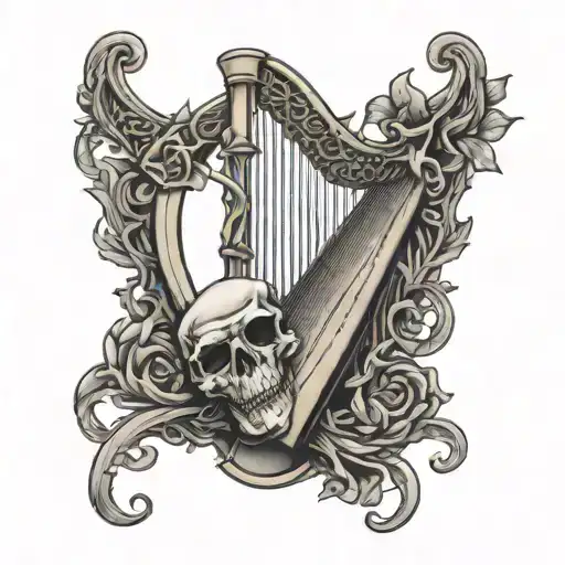 Irish harp with skulls and bones tattoo design idea