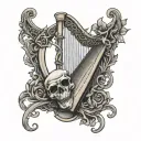 Irish harp with skulls and bones tattoo design idea