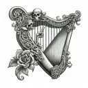 Irish harp with skulls and bones tattoo design idea