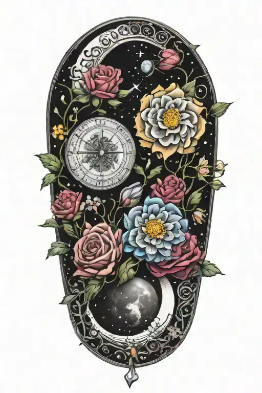 An intricate tattoo of a boquet of roses, daisys, and cosmos flowers intertwined with the three moon phases tattoo design idea
