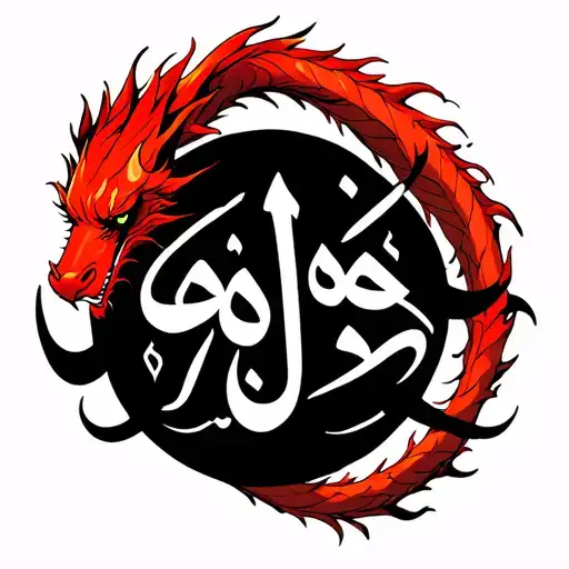 A fine-line back tattoo design featuring a red dragon wrapping around black Arabic calligraphy that says ‘Everything hap tattoo design idea