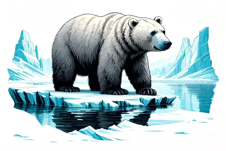 black and grey polar bear on iceberg arctic landscape scene tattoo design idea