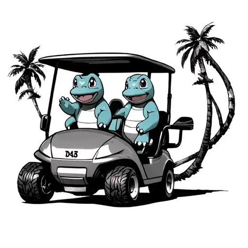 totodile and squirtle riding in a golf cart tattoo design idea