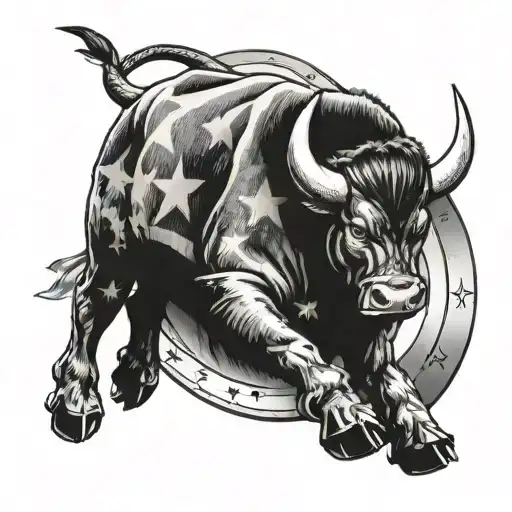 realistic bull in front of an American flag and captain America shield tattoo design idea