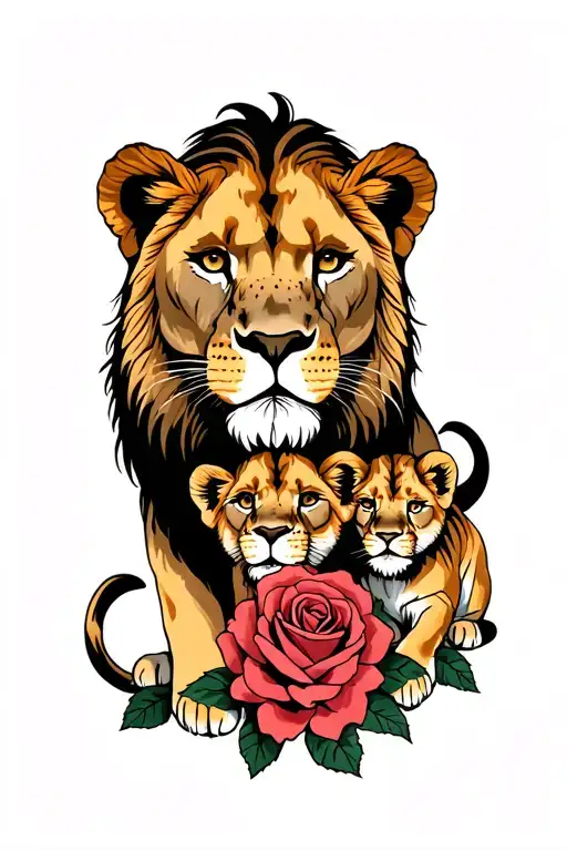 lioness and two cubs intertwined with roses tattoo design idea