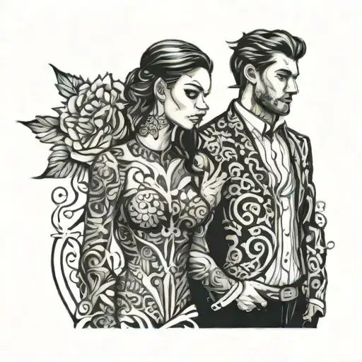 tattoo sketch: a girl and a man standing in full height, facing forward, holding hands, the girl is dressed in an elegant black tattoo design idea