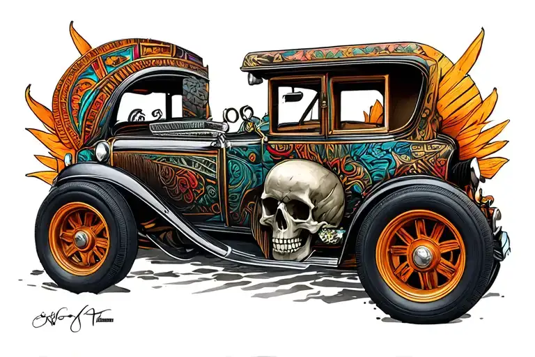 cars, skulls, aztec tattoo design idea