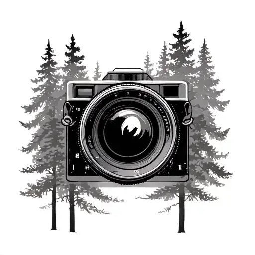vintage camera lens surrounded by tall trees looking through lens tattoo design idea