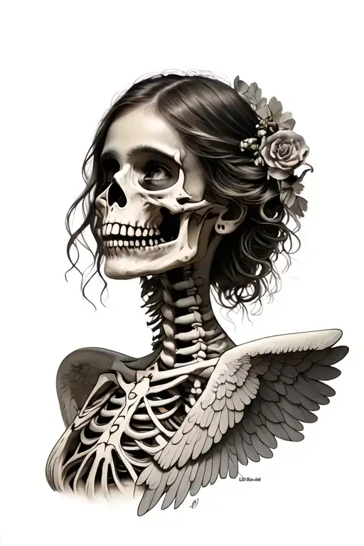 Girl Angel with a half face of a skeleton tattoo design idea