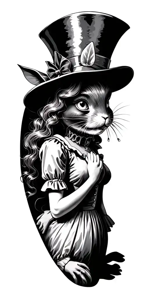 Dark, twisted, and creepy Alice and wonderland with the catapiller, mad hatter, rabbit, Alice, and the cheshire cat  tattoo design idea